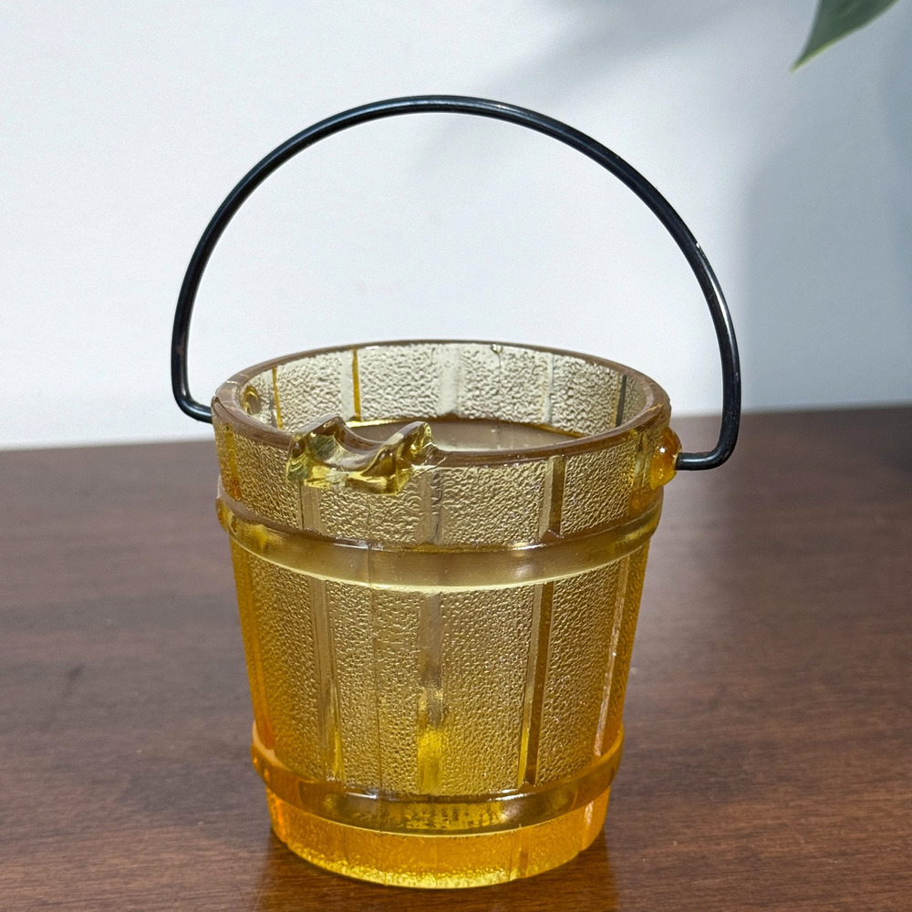 Vintage Small Amber Glass Pail Bucket Ashtray With Handle